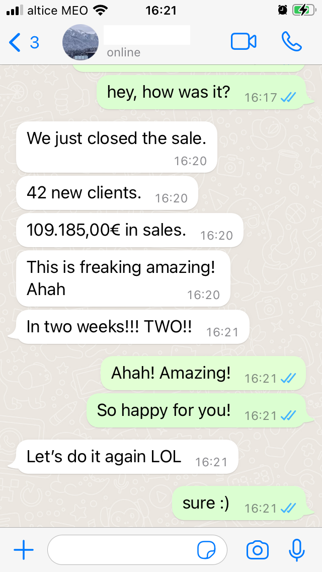 WhatsApp message: we just closed the sale, 42 new clients, 109,185 euros in sales, in two weeks